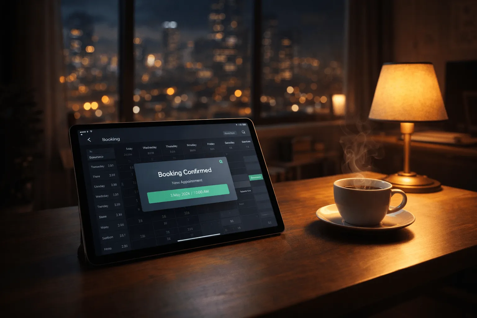 Laptop med bokningssystem och kaffekopp för företag i Karlstad
