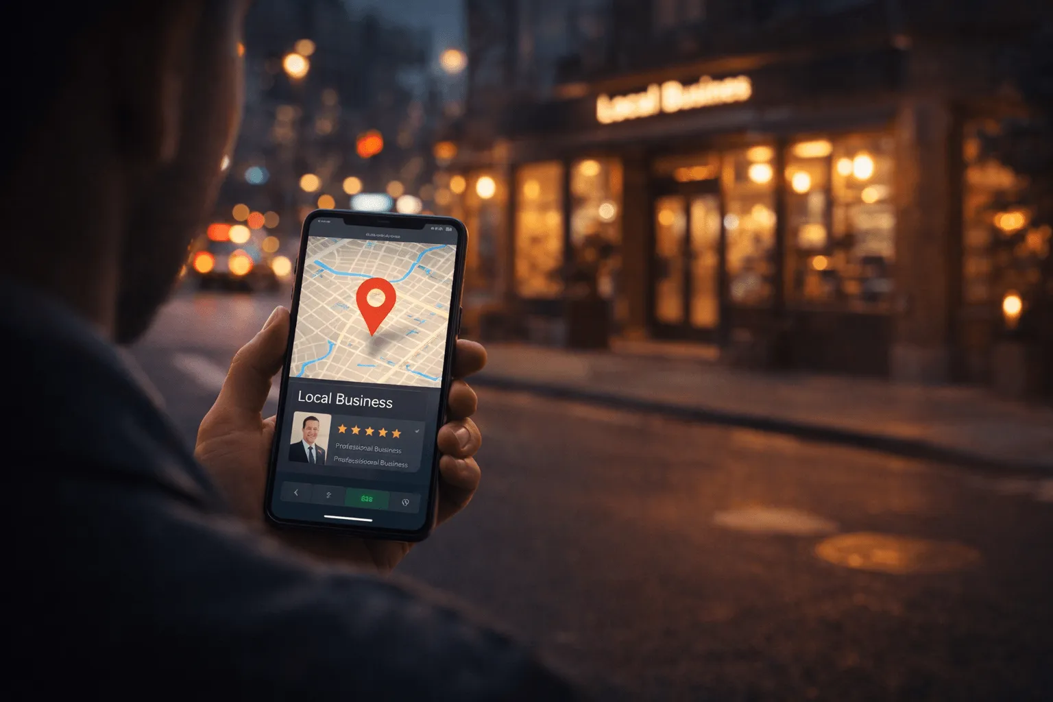 Hand håller mobil med Google Maps och lokal söksynlighet för företag i Karlstad